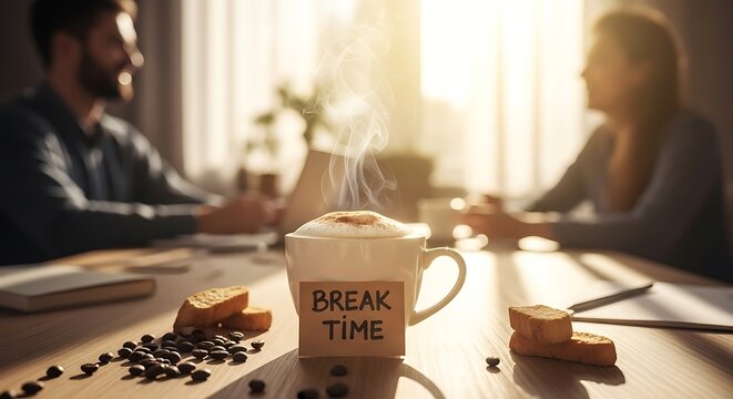 Steaming Coffee Cup with Break Time Sign on Table During a Meeting.