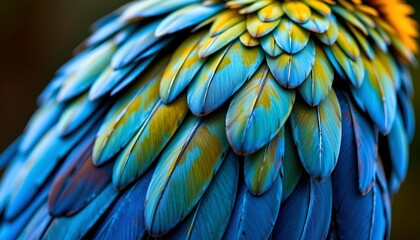 Fototapeta premium The image features a close up view of vibrant, multicolored bird feathers layered in an intricate pattern