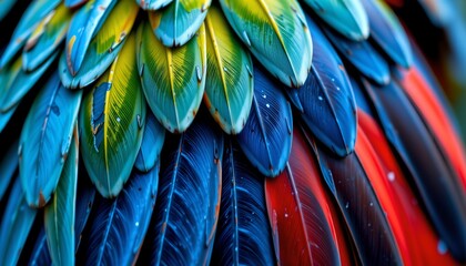 Obraz premium The image showcases a vibrant collection of feathers arranged in overlapping layers