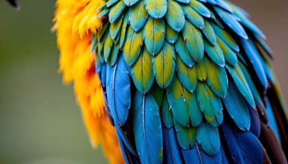 Obraz premium The image features a close up view of a vibrant, multicolored bird with an intricate arrangement of feathers covering its body