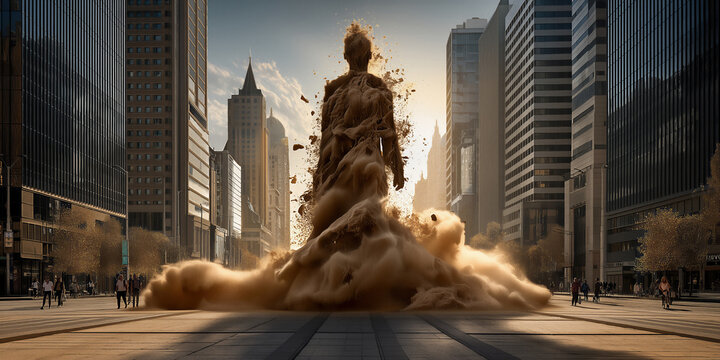 Massive sand sculpture. Spectators watch as sandy figure gradually takes city form