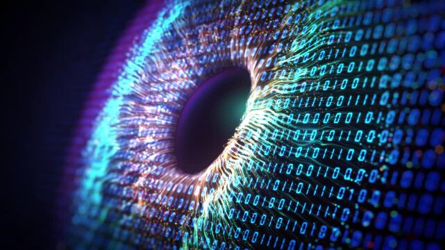  Human multicolored iris of the eye animation concept. Rainbow lines after a flash scatter out of a bright binary circle and forming volumetric a human eye iris and pupil. 3d rendering background 4K