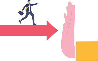 Obraz premium Businessman walking on a red arrow towards a stopping hand