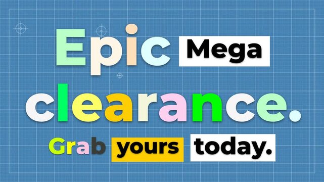 Colorful Mega Sale Motion Graphic showing epic clearance text on a blue blueprint background.