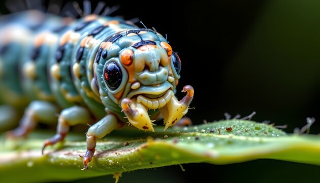 The image features a close up of a colorful caterpillar resting on a green leaf