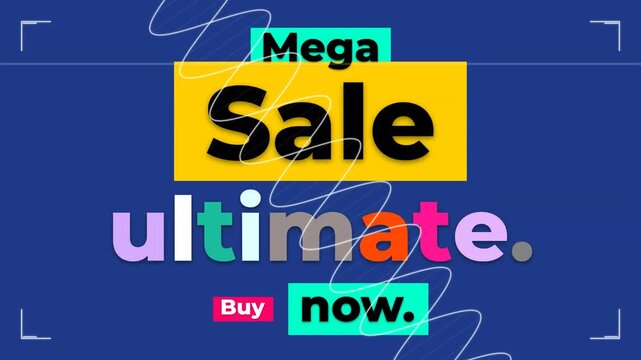 Mega Sale Motion Graphic features colorful text animation and dynamic lines on a blue background.