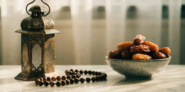 Ramadan still life with a traditional lantern, a string of prayer beads (tasbih), and a bowl of dates, arranged on a clean surface, soft warm lighting, peaceful Islamic holiday concept.