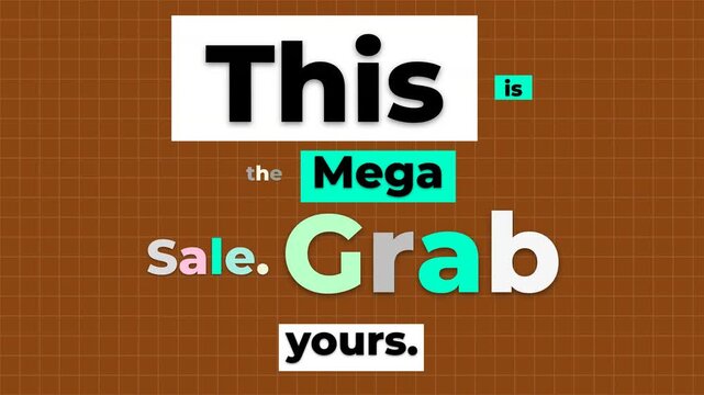 Dynamic Mega Sale Motion Graphic with colorful cutout typography over a grid background.