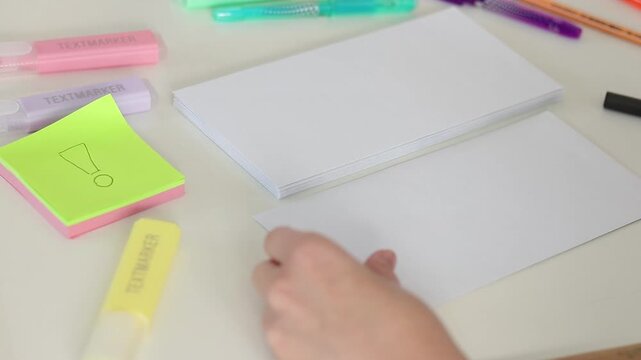 Close-up of hands labeling envelope with mail note and warning sticky note