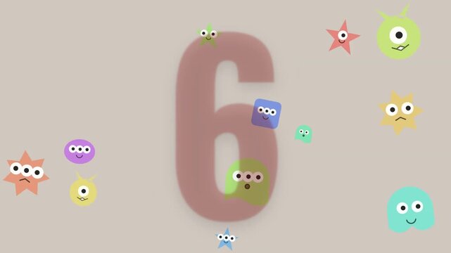 Animated colorful countdown timer from ten to one with cute cartoon characters
