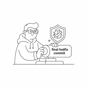 Programmer applying final hotfix commit to computer screen.