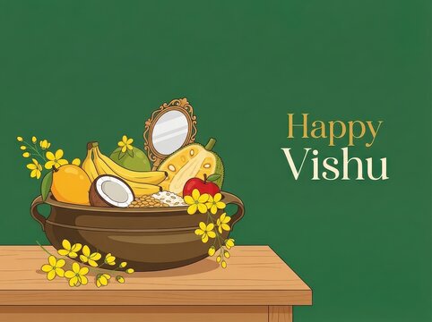 Greeting background for vishu with traditional pot with fruits, vegetables and konna flowers.
