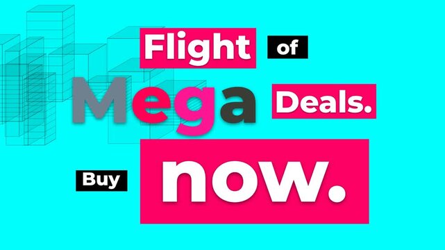 Dynamic Mega Sale Motion Graphic promoting flight deals on a cyan background with city outlines.