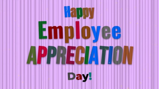 Colorful text animation for Employee Appreciation Day on a sparkling purple striped background.
