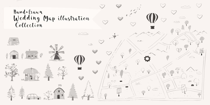 Hand drawn wedding map illustration featuring mountains trees and hot air balloons