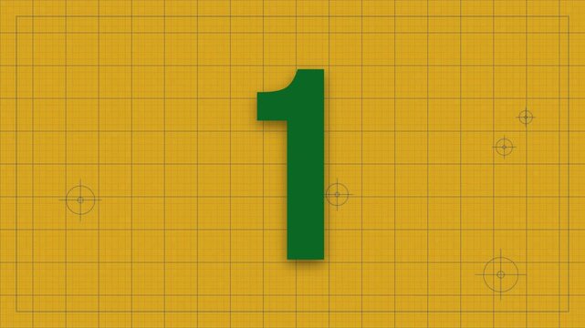 Animated colorful countdown timer with green digits on a technical yellow grid background