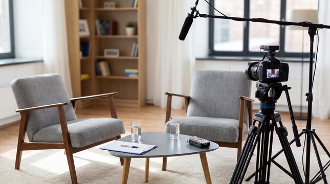 Empty professional media studio prepared for a video interview or podcast recording with all necessary equipment.