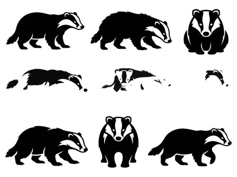 Diverse Collection of Stylized Black Badger Silhouettes in Various Poses, Ideal for Wildlife-Themed Vector Art, Nature Graphics, and Modern Logo Design Elements
