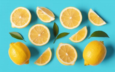 Fototapeta premium Lemons and lemon slices arranged on a blue surface with green leaves