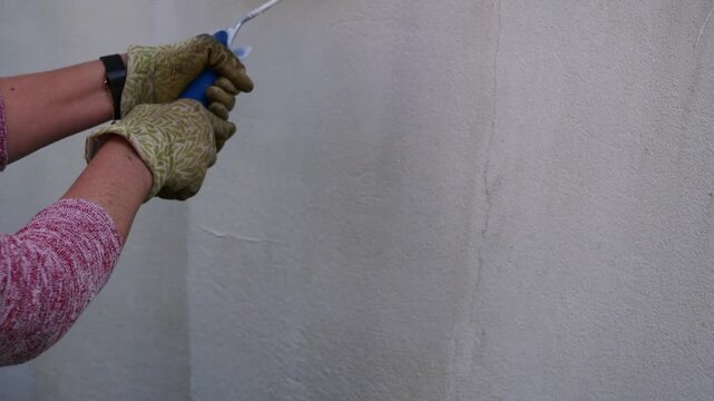 Close-up of hand rolling paint across wall surface