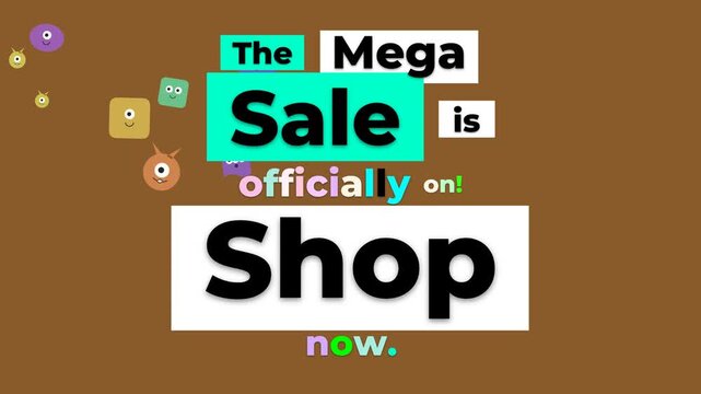 Vibrant Mega Sale Motion Graphic featuring animated characters and pop-up promotional text.