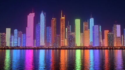 Obraz premium Colorful illuminated skyscrapers reflecting on calm water surface at night city skyline view