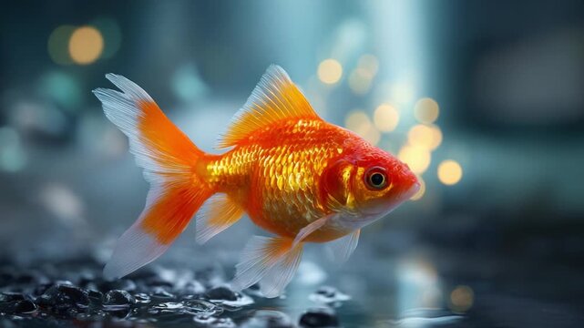 A captivating view of a shimmering goldfish swimming gracefully through a serene aquatic environment adorned with sparkling bokeh lights in the background.
