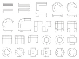 Top-down view of modern modular furniture arrangements including benches sofas and circular seating units © akila