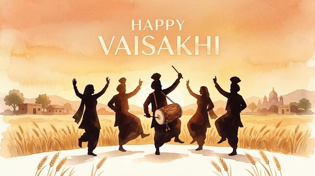 Happy vaisakhi background with silhoette of people dancing.