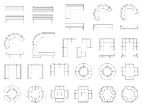 Top-down view of modern modular furniture arrangements including benches sofas and circular seating units