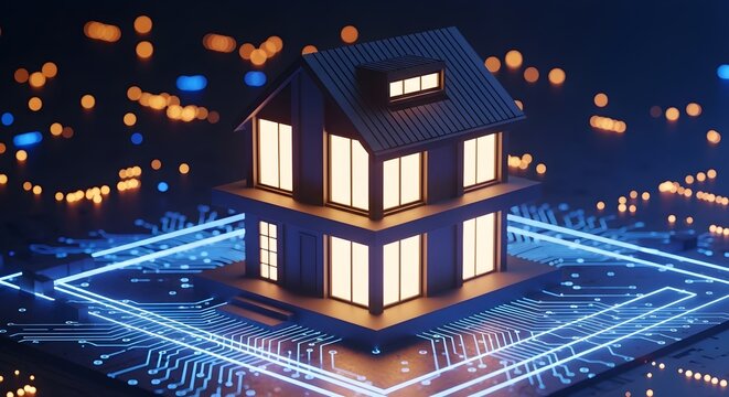 Smart home on digital circuit board with glowing lights