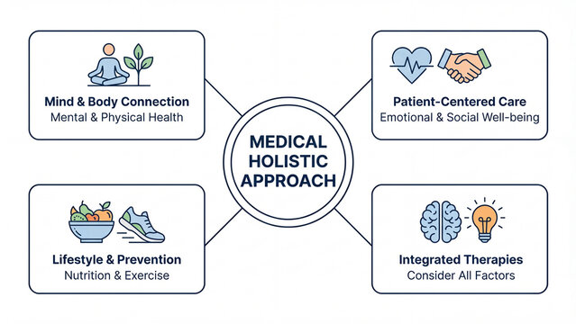 Medical holistic approach to healthcare infographic diagram illustrating the interconnected pillars of integrative patient centered care including mind body connection 