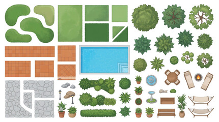 Top View Vector Set of Landscape Design Elements Garden Plants, Swimming Pool, Patio Furniture, and Paving Stones for Backyard Planning and Outdoor Project Illustrations © akila