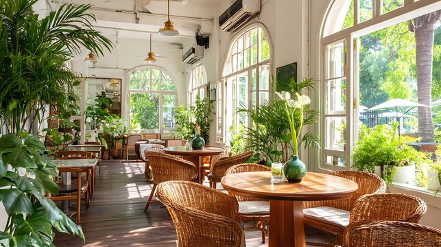 Cafe interior blending indoor space with tropical garden views, featuring rattan chairs, wooden tables and ceramic decor, colonial setting with open windows and greenery, bright natural lighting with 