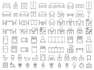 Obraz premium Detailed vector outline icon set showcasing an extensive range of essential home furniture, kitchen appliances, and office elements for versatile design projects
