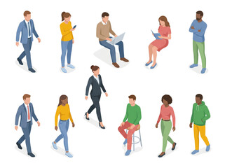 Fototapeta premium Diverse group of people in casual and business attire engaged in various activities like walking, sitting, and reading, representing a modern lifestyle and professional environment