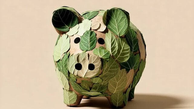 A piggy bank sculpted from green leaves forms a rounded, leafy creature. Its textured surface sits against a beige backdrop, blending whimsy with nature in a playful, eco-friendly design.