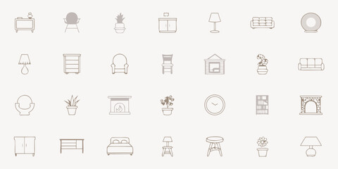 Obraz premium Minimalist line art icons depicting various furniture and home decor items