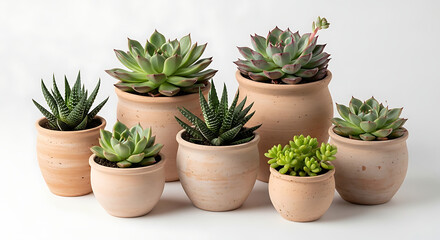 Fototapeta premium A collection of various succulent plants arranged in small decorative terracotta ceramic pots