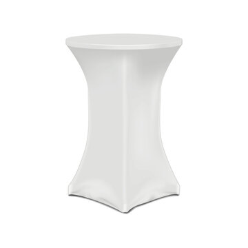White cocktail table with blank stretch cover for brand design. 3d mock-up. Tradeshow promotional round counter display stand. Realistic vector mockup. Template for design. Easy editable