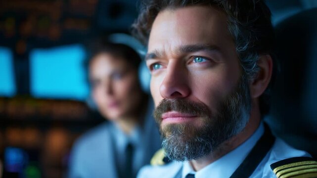 Focused Captain Displays Leadership in Cockpit with Co-Pilot, Highlighting the Dynamics of Aviation and Teamwork in Flight Operations