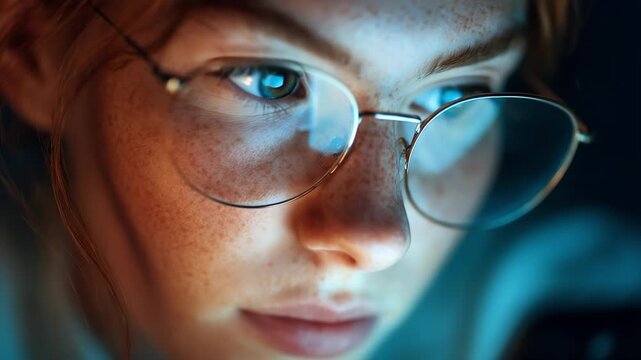 A close-up portrait of a young person with freckles, wearing rimmed glasses. Their blue eyes glow under cool light, while red hair frames the face as they focus on a screen.