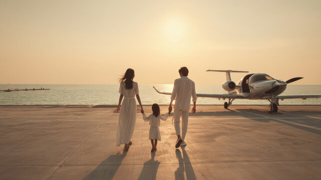 Family walking towards private jet at sunset, travel concept. A family strolls towards a private airplane, enjoying a beautiful sunset over the ocean