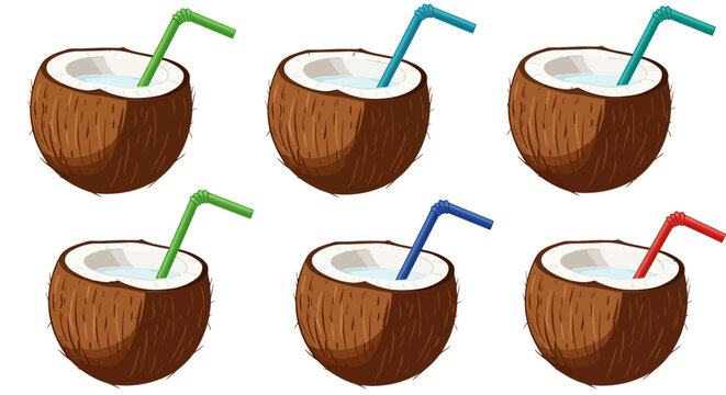 Colorful vector illustration of six coconut drinks with straws
