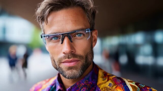 A Stylish Portrait of a Confident Man in Colorful Attire with Fashionable Glasses, Capturing Both Focus and Relaxation in a Vibrant Outdoor Setting