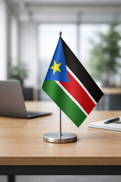 South Sudan National Flag on Desk Stand in Modern Office Interior