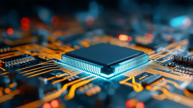 Close-up of a square microchip on a printed circuit board, glowing electric blue along its edges. Copper traces radiate outward as a blurred high-tech background enhances the futuristic feel.