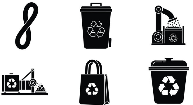 Recycling symbols mobius loop bins machinery and reusable shopping bags