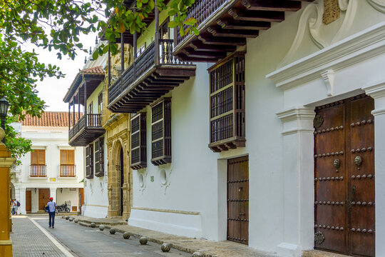 Palace of the Inquisition Museum in Cartagena Colombia featuring Spanish Colonial Architecture with Baroque Limestone Portal and Traditional Wooden Balconies in the Walled City