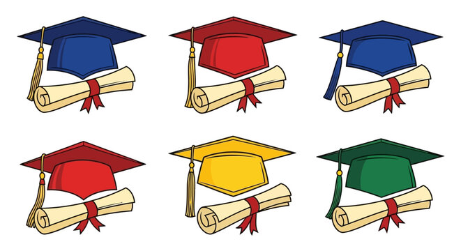 Colorful graduation caps and diploma vector graphic illustrations set